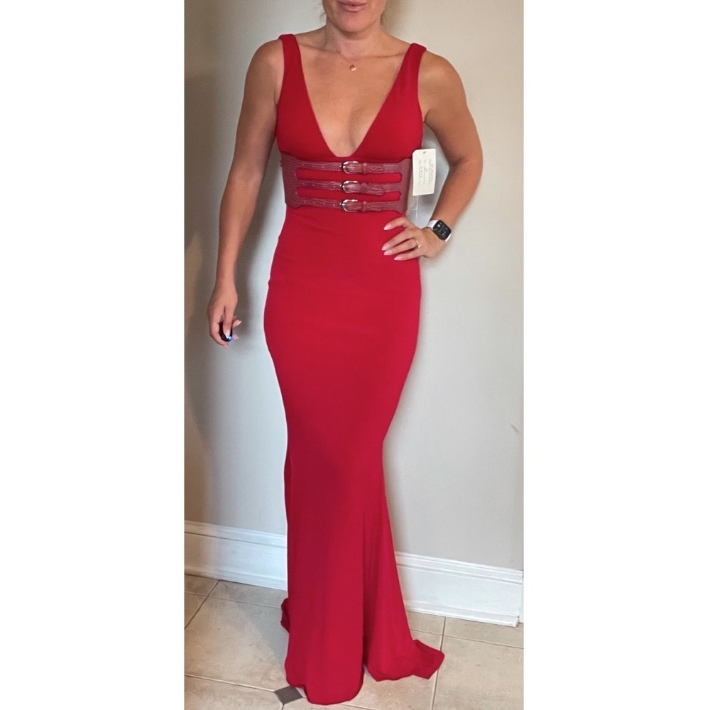 Jovani Red Belted Gown